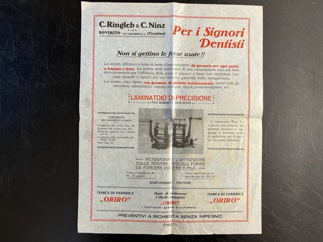 C. Ringleb & C. Ninz. Rovereto (Trentino). Per i signori Dentisti! (Foglio pubblicitario)
